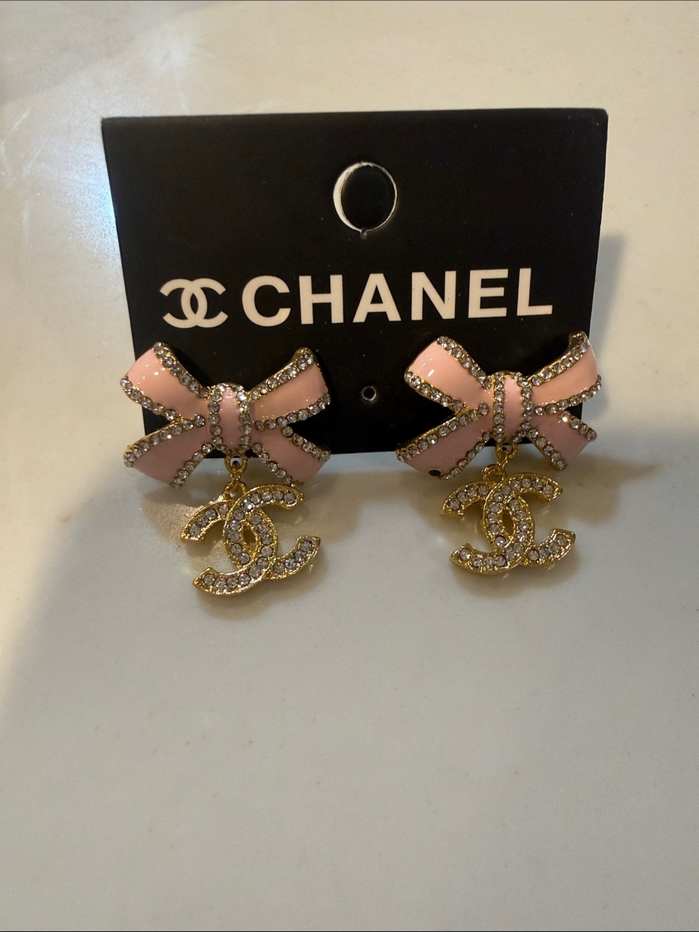 Chanel Pink Enamel Bow Drop Earrings with Crystal CC Charm